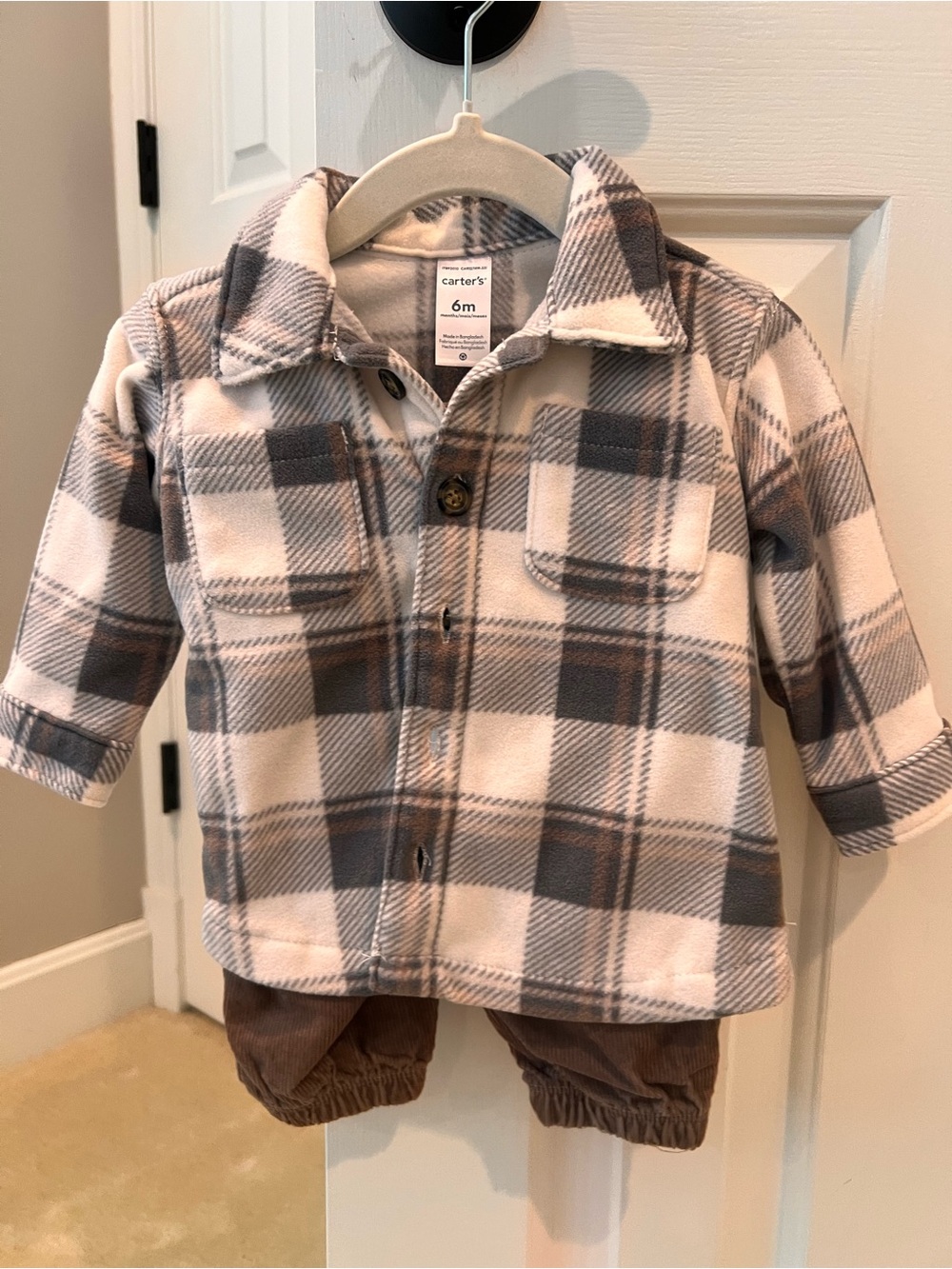 Carter's Cream and Gray Plaid Button-Up shacket with pants